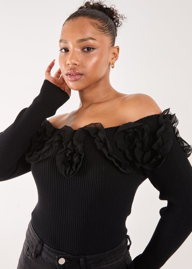 Pink Vanilla Black Ruffle Bardot Knit Top