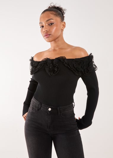 Pink Vanilla Black Ruffle Bardot Knit Top