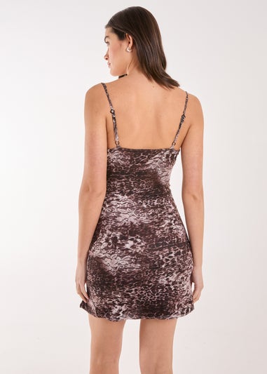 Blue Vanilla Brown Leopard Lace Strappy Mini Dress With Side Slit