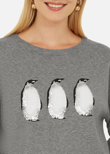 Yumi Grey Christmas Festive Penguin Knitted Jumper