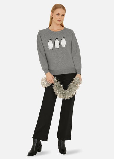 Yumi Grey Christmas Festive Penguin Knitted Jumper