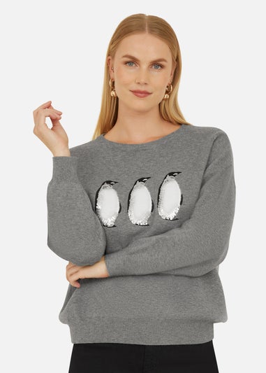 Yumi Grey Christmas Festive Penguin Knitted Jumper