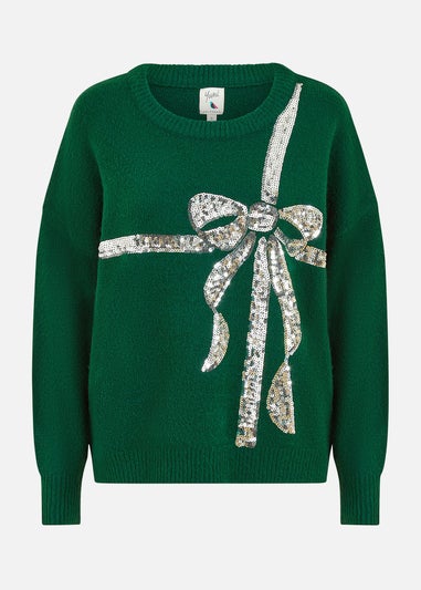 Yumi Green Sequin Bow Knitted Jumper