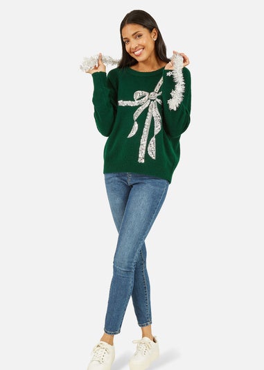 Yumi Green Sequin Bow Knitted Jumper