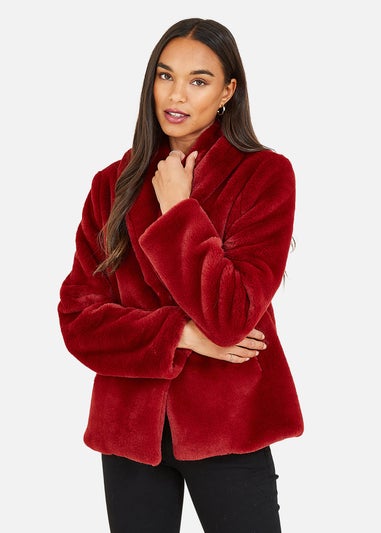 Yumi Red Short Wrap Faux Fur Coat