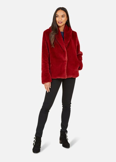 Yumi Red Short Wrap Faux Fur Coat