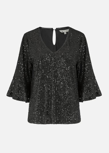 Yumi Black Sequin Top With Fluted Sleeve