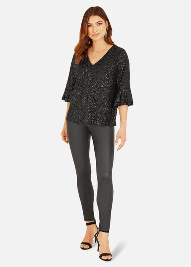 Yumi Black Sequin Top With Fluted Sleeve