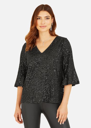 Yumi Black Sequin Top With Fluted Sleeve