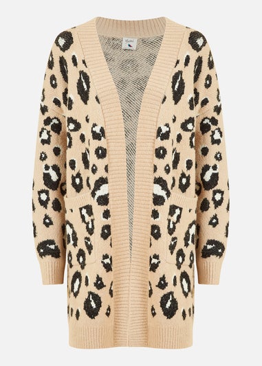 Yumi Beige Animal Print Intarsia Knit Long Cardigan