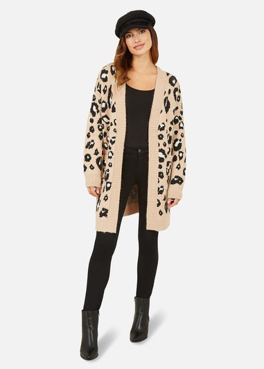 Yumi Beige Animal Print Intarsia Knit Long Cardigan