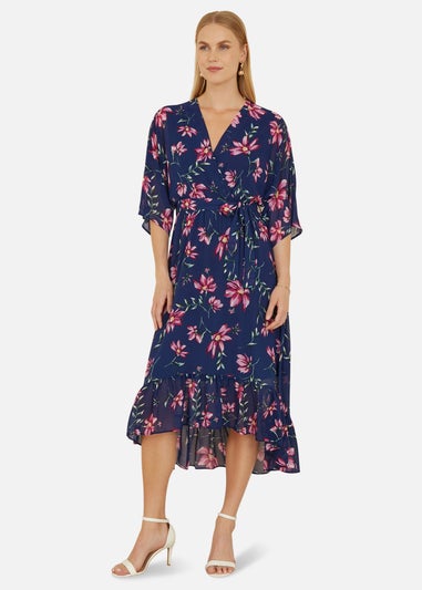 Yumi Navy Floral Kimono Dipped Hem Dress