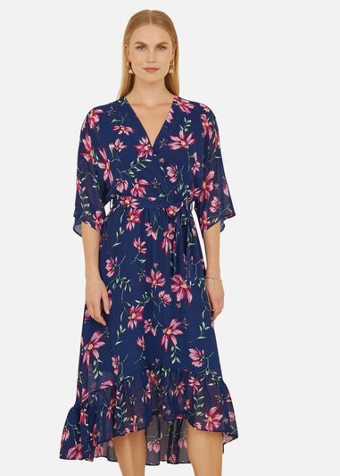 Yumi Navy Floral Kimono Dipped Hem Dress