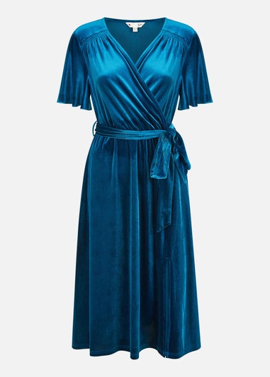 Yumi Teal Wrap Over Midi Dress With Angel Sleeves & Split Hem