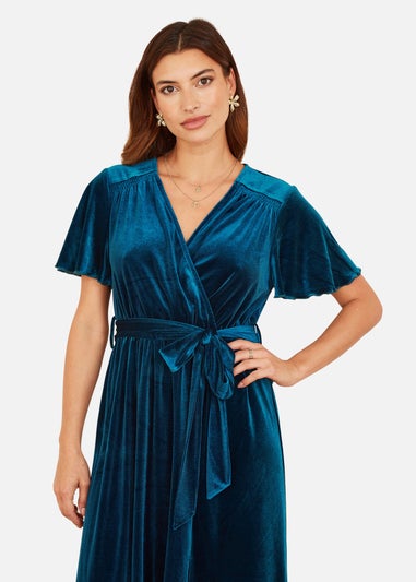 Yumi Teal Wrap Over Midi Dress With Angel Sleeves & Split Hem