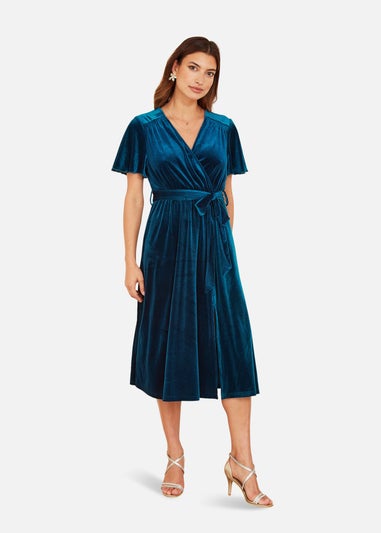 Yumi Teal Wrap Over Midi Dress With Angel Sleeves & Split Hem