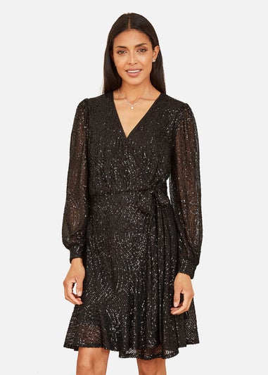 Yumi Black Sequin Long Sleeve Frill Wrap Dress