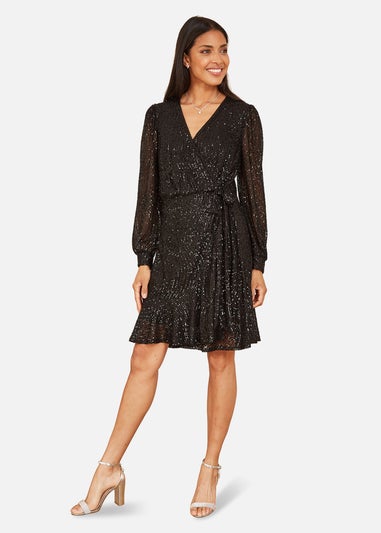 Yumi Black Sequin Long Sleeve Frill Wrap Dress