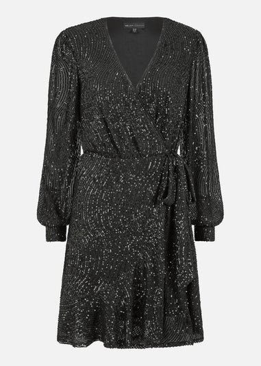 Yumi Black Sequin Long Sleeve Frill Wrap Dress