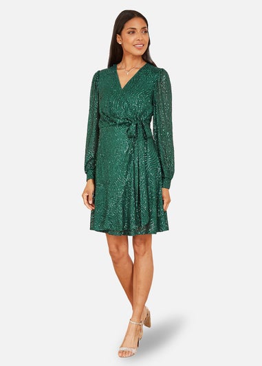 Yumi Green Sequin Long Sleeve Frill Wrap Dress