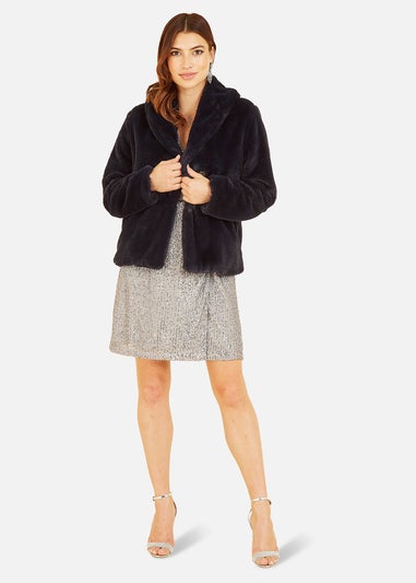 Yumi Black Short Wrap Faux Fur Coat