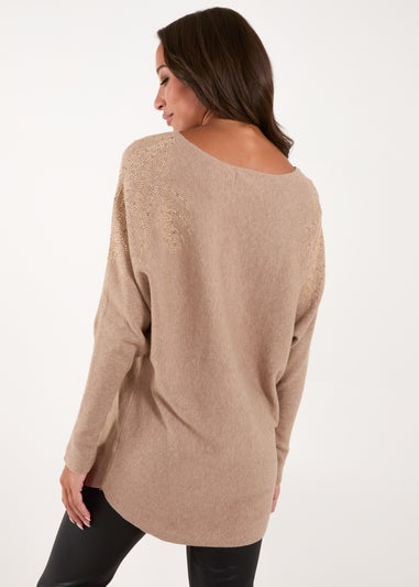 Blue Vanilla Brown Embellished Shoulder Jumper