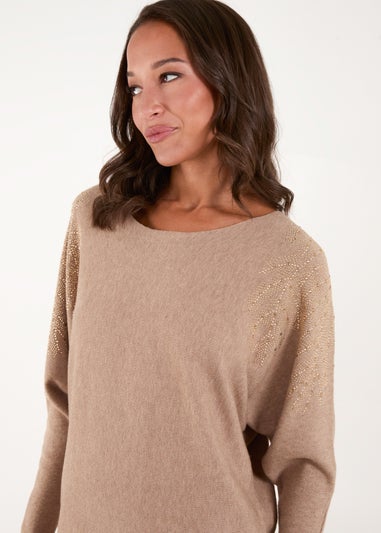 Blue Vanilla Brown Embellished Shoulder Jumper