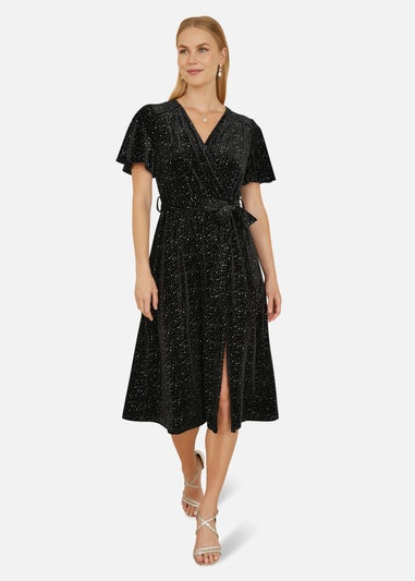 Yumi Black Velvet Sparkle Wrap Midi Dress