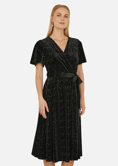 Yumi Black Velvet Sparkle Wrap Midi Dress