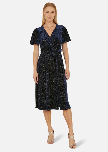 Yumi Navy Velvet Sparkle Wrap Midi Dress