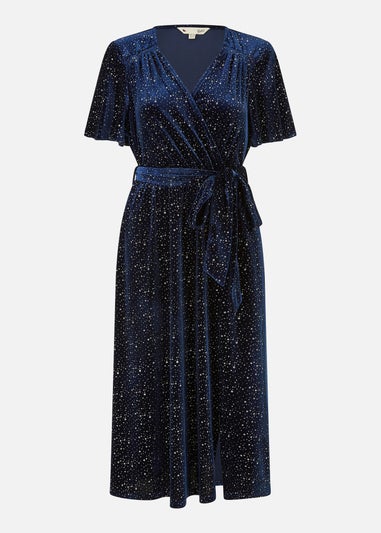 Yumi Navy Velvet Sparkle Wrap Midi Dress