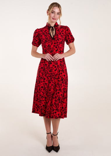 Blue Vanilla Red Floral Tie Collar Midi Dress