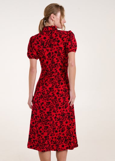 Blue Vanilla Red Floral Tie Collar Midi Dress