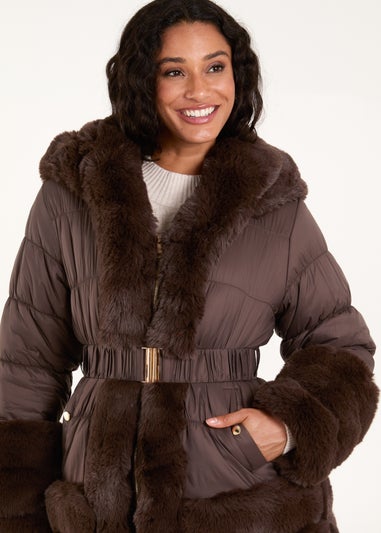 Blue Vanilla Brown Faux Fur Trim Belted Puffer Coat