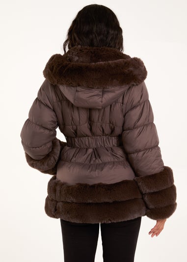 Blue Vanilla Brown Faux Fur Trim Belted Puffer Coat