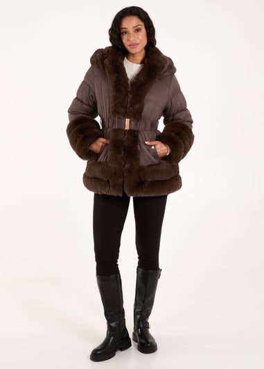 Blue Vanilla Brown Faux Fur Trim Belted Puffer Coat