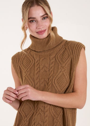 Blue Vanilla Beige Roll Neck Cable Knitted Oversized Sleeveless Jumper