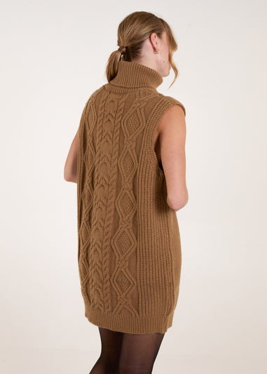 Blue Vanilla Beige Roll Neck Cable Knitted Oversized Sleeveless Jumper