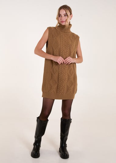 Blue Vanilla Beige Roll Neck Cable Knitted Oversized Sleeveless Jumper