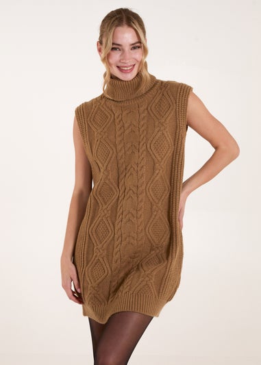 Blue Vanilla Beige Roll Neck Cable Knitted Oversized Sleeveless Jumper