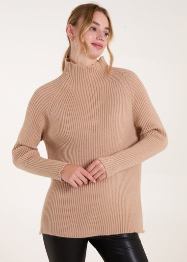 Blue Vanilla Beige Double Hem Detail High Neck Jumper