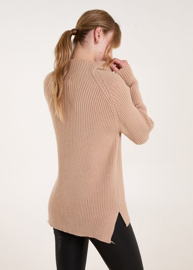 Blue Vanilla Beige Double Hem Detail High Neck Jumper