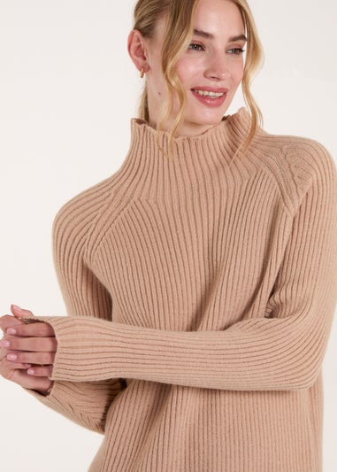 Blue Vanilla Beige Double Hem Detail High Neck Jumper