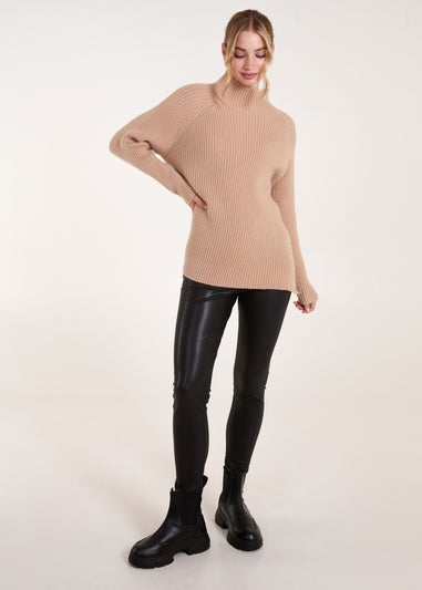 Blue Vanilla Beige Double Hem Detail High Neck Jumper