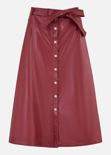 Yumi Burgundy Faux Leather A Line Midi Skirt With Button Up Details