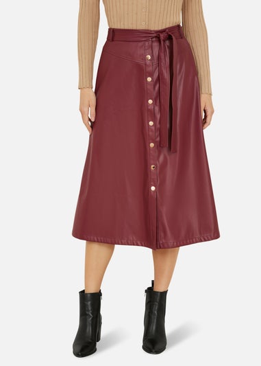 Yumi Burgundy Faux Leather A Line Midi Skirt With Button Up Details