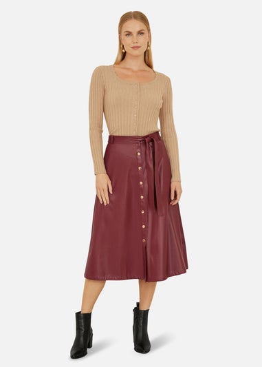 Yumi Burgundy Faux Leather A Line Midi Skirt With Button Up Details