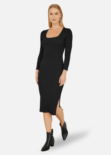 Yumi Black Fitted Knit Midi Dress With Side Split