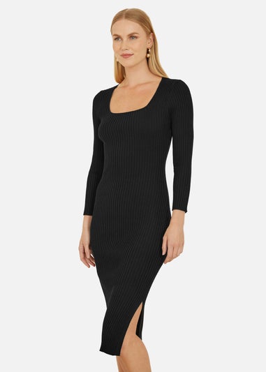 Yumi Black Fitted Knit Midi Dress With Side Split