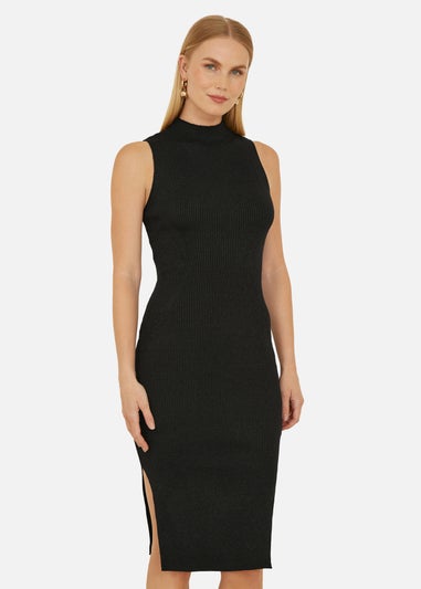 Yumi Black Metallic Fitted High Neck Midi Dress